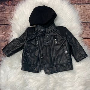 Urban republic black leather baby hooded jacket. 6-9 months. New.